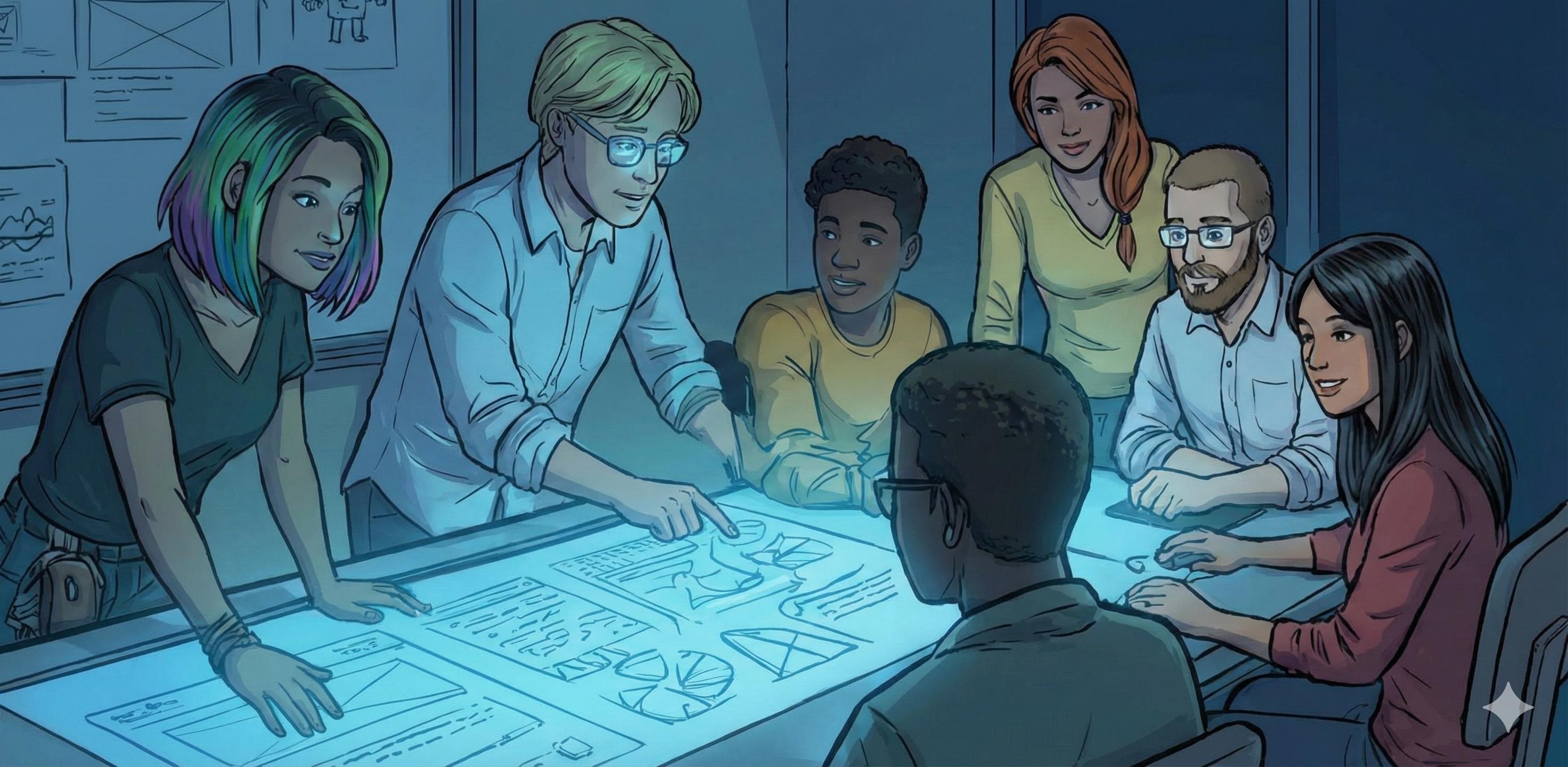 Diverse group of students collaborating around a table